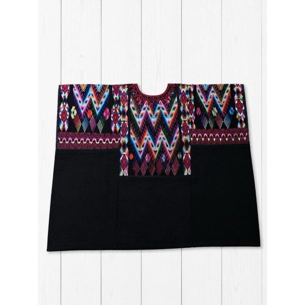 Guatemalan Huipil Handwoven Maya Blouse Embroidered Boho Folk Art Top Black